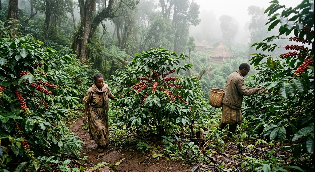 Wild coffee shrubs with red cherries growing in the highland forests of Ethiopia.