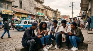Young Ethiopians in Addis Ababa using smartphones and social media in a city street setting