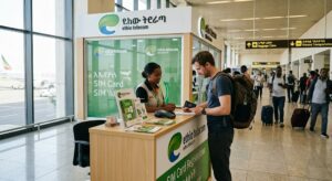 A mobile phone store counter at an Ethiopian airport where travelers can purchase local SIM cards and data packages.