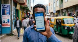 A smartphone showing mobile data package options, held in front of a street scene in Addis Ababa, Ethiopia.