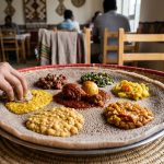 A traditional Ethiopian meal with colorful stews and vegetables arranged on a large round injera flatbread at a dining table.