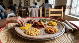 A traditional Ethiopian meal with colorful stews and vegetables arranged on a large round injera flatbread at a dining table.