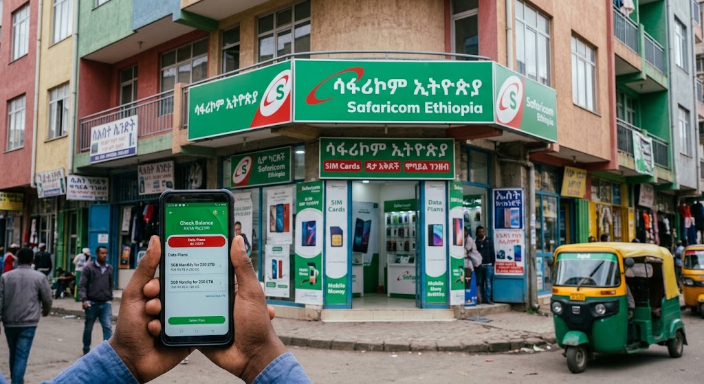 A Safaricom Ethiopia retail outlet on a city street in Ethiopia, with mobile phones and data plans displayed inside.