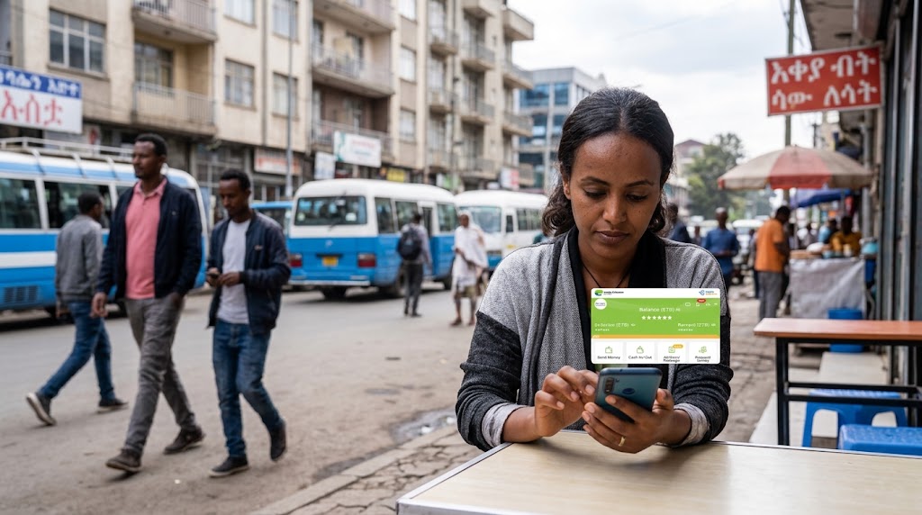 A person holding a smartphone displaying the telebirr mobile money app on a street in Addis Ababa, Ethiopia.