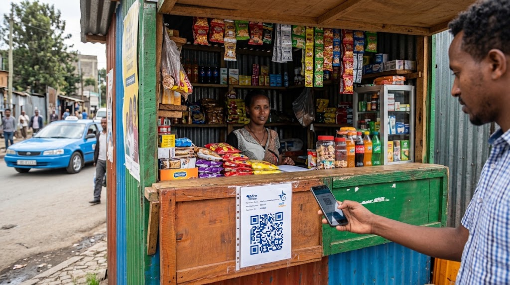 A small shop in Ethiopia with a telebirr QR code displayed for mobile payments, showing how digital money is accepted at local businesses.