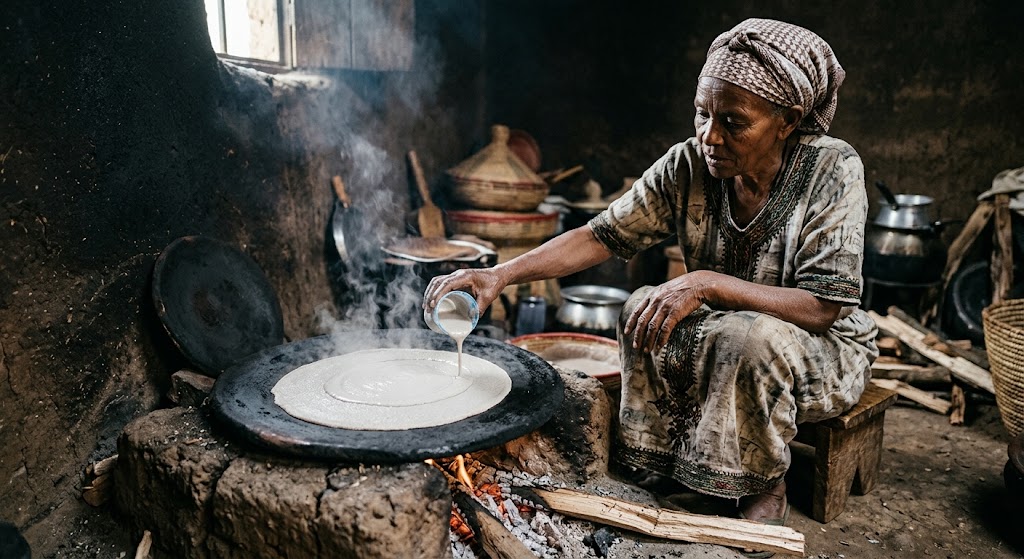An Ethiopian woman pouring fermented injera batter onto a hot clay griddle in a traditional kitchen setting.