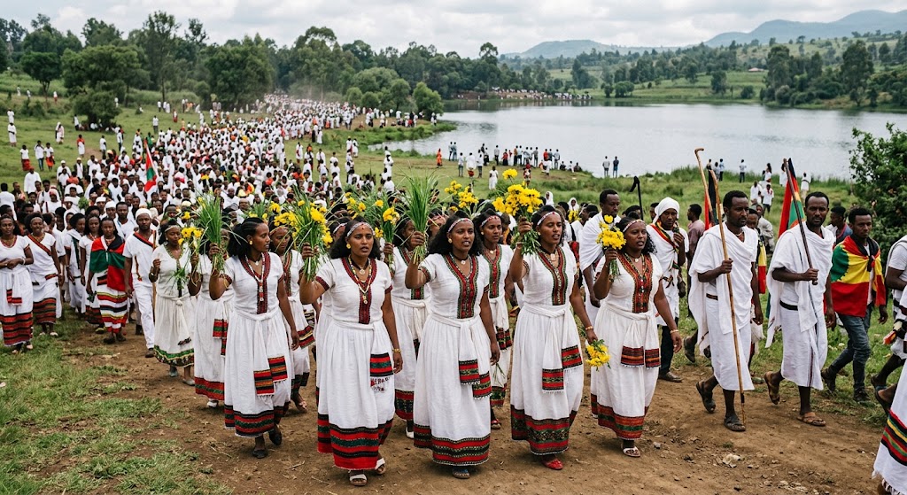 A procession of people wearing traditional Oromo clothing walks toward a lake at Bishoftu during the Irreecha festival, carrying bundles of green grass.